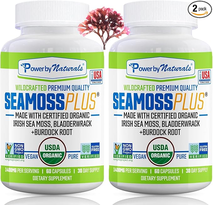 Power By Naturals Sea Moss Plus - USDA Certified Organic Wildcrafted Irish Seamoss Bladderwrack &amp Burdock Root Supplement for Immunity 60Ct 2 Pack