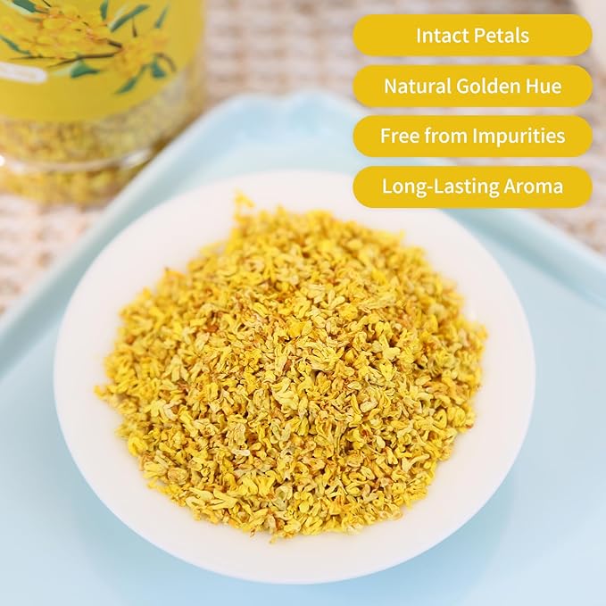 Wanhua Hall Pure Natural Osmanthus Flower Tea 1.76oz/50g Premium Osmanthus Fragrans Herb Gui Hua Dried Intact Blossoms Stem-Free Bright Golden Hue Rich Aroma 桂花 桂花干 无硫无杂