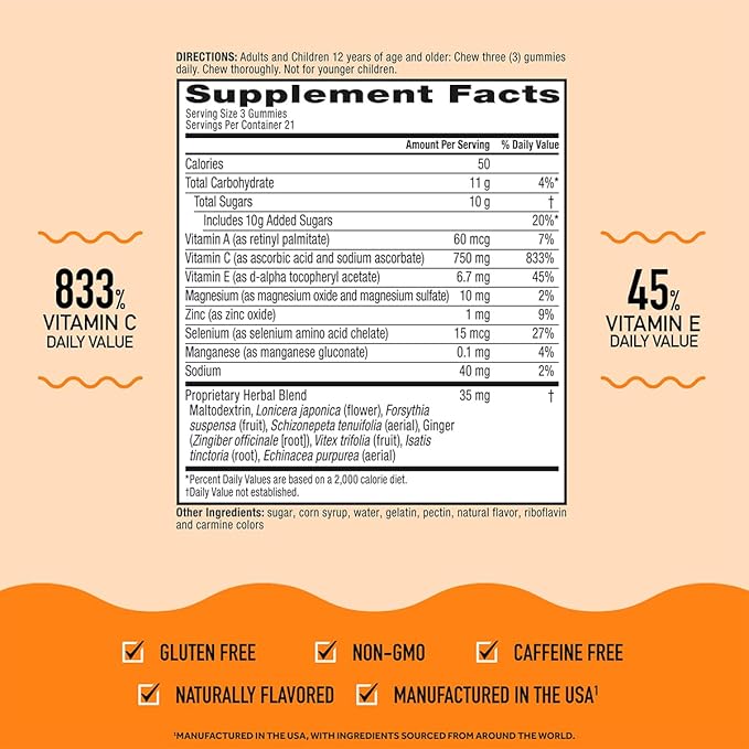 Airborne 750mg Vitamin C Immune Support Supplement Gummies for Adults Zesty Orange Flavor Gluten Free Crafted Blend with Powerful Antioxidants Vitamins A C &amp E 63 Gummies (3 Pack)