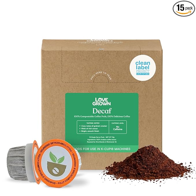 Love Grown Plastic-Free Coffee Pods 100% Arabica Single-Serve Cups Compostable Non-GMO - Compatible with Keurig Coffee Pods Machines and K-Cup Brewers Decaf Flavor Box of 15