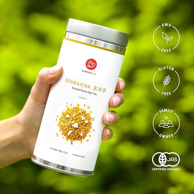 Senbird Premium Genmaicha - Caffeine-Free Japanese Mochi Rice Tea - From Hokkaido Japan - Herbal Tea in Airtight Tin (3.5oz/100g)