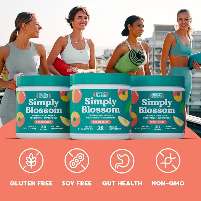 Simply Blossom Nutrition Daily Greens &amp Superfood Powder + Collagen + Probiotics for Women's Digestive Health &amp Bloating Relief. Help Your Health Bloom - 3 Month Supply- Peach Rings