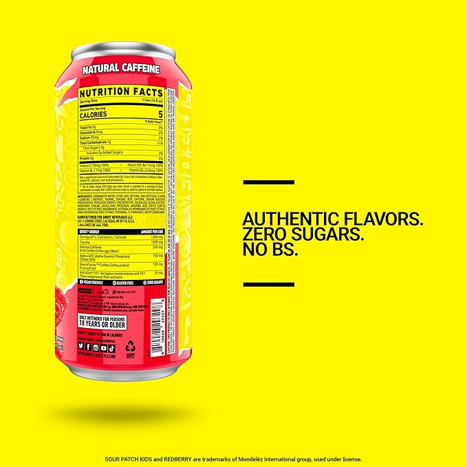 GHOST Energy Drink - 12-Pack Sour Patch Kids Redberry 16oz - Energy &amp Focus &amp No Artificial Colors - 200mg of Natural Caffeine L-Carnitine &amp Taurine - Gluten-Free &amp Vegan