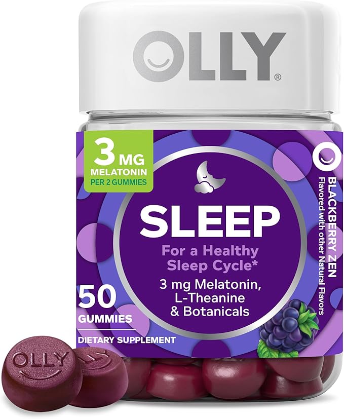 OLLY Sleep Gummy with Melatonin L-Theanine Botanicals BlackBerry Flavor 50 Count &amp Heavenly Hair Gummy with Keratin Biotin AMLA Tropical Orange Flavor 60 Count Bundle