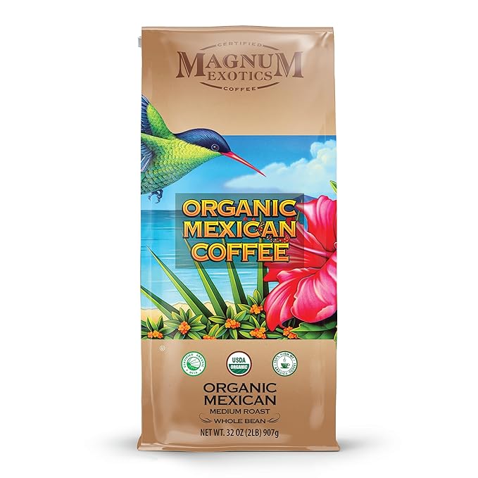 Magnum Exotics Organic Mexican Coffee - Medium Roast Whole Bean Low Acid USDA Certified Organic - 2 lb (32 oz)
