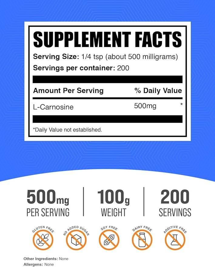 BulkSupplements.com L-Carnosine Powder - Carnosine Supplement Carnosine 500mg - Amino Acid Supplement Gluten Free 500mg per Serving 100g (3.5 oz) (Pack of 1)