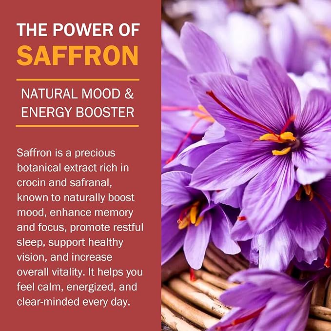 Saffron Supplement for Mood Focus Energy Support Organic Saffron Extract with Curcumin &amp Zinc High Absorption 90 Vegan Capsules