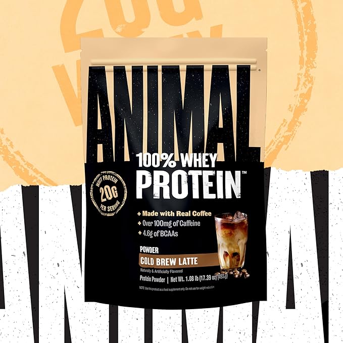 Animal 100% Whey Protein Powder Instant Iced Coffee – Real Coffee for Preworkout Post Workout Whey Blend + 20g of Protein Shake 120mg of Caffeine Meal Replacement with BCAA – Cold Brew Latte 1 lb