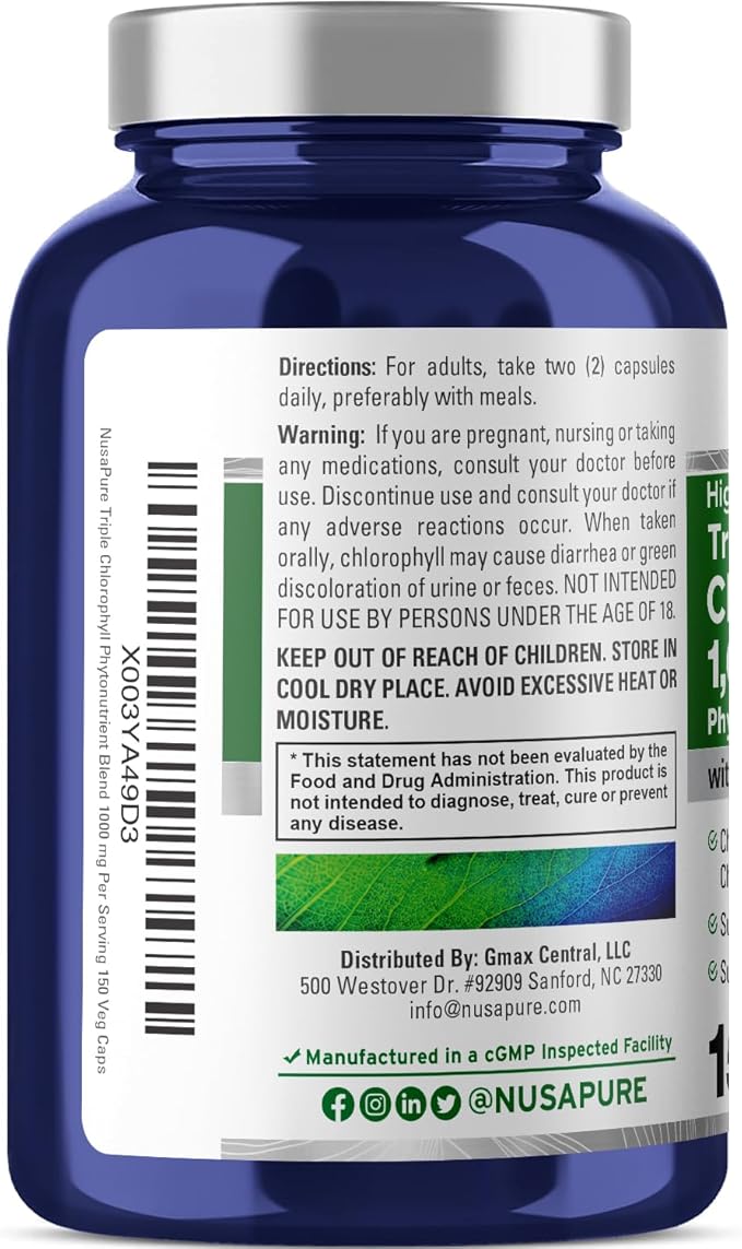 NusaPure High Absorption Triple Chlorophyll 1000 mg 150 Veg Caps Suitable for Vegetarians and Vegans Non-GMO