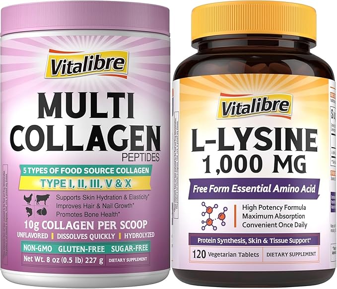 Multi Collagen Peptides Powder Type I II III V X + L-Lysine 1000 mg Tablets Bundle Hydrolyzed Collagen Protein &amp Essential Amino Acid Skin &amp Immune Support 8oz Powder + 120 Tablets