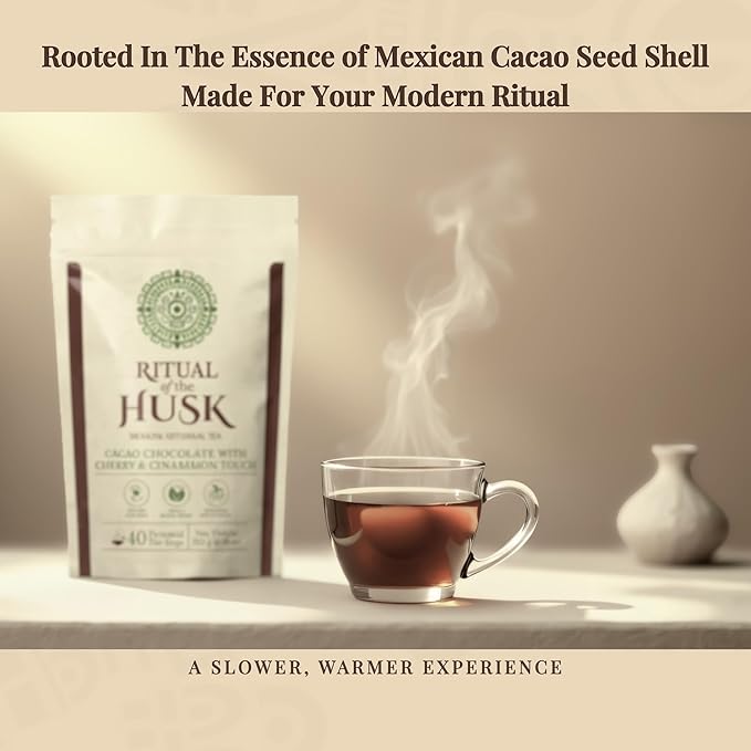 Cacao Husk Tea – Coffee Alternative Chocolate Herbal Tea Roasted Cacao Shell Infusion with Cherry &amp Cinnamon Naturally Caffeine Free 40 Pyramid Tea Bags – Ritual of the Husk
