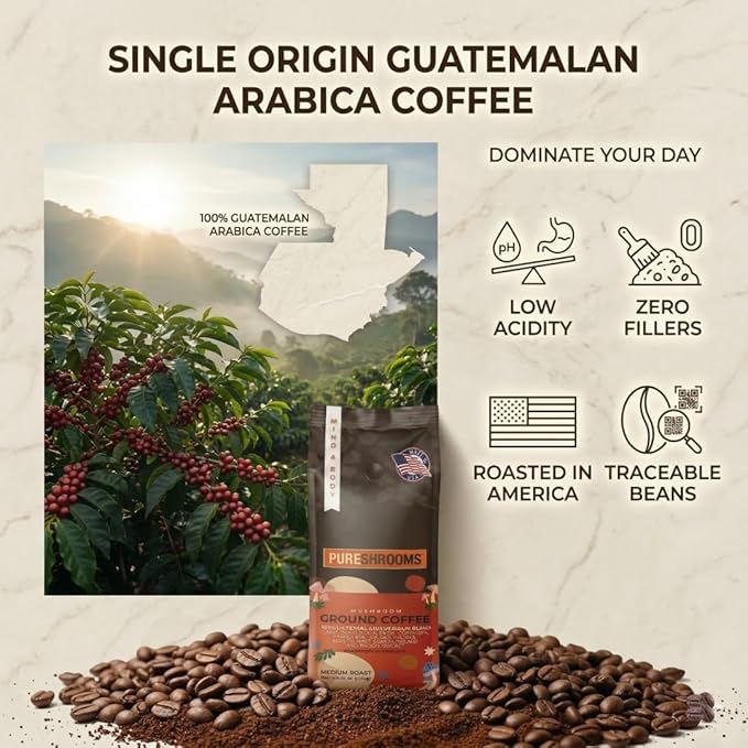 Mushroom Ground Coffee w/ 10 Organic Mushroom Extracts - King Trumpet Agaricus Blazei Willow Bracket Lion's Mane Chaga Reishi Cordyceps Turkey Tail Maitake Shiitake 340g (Perfect 10)