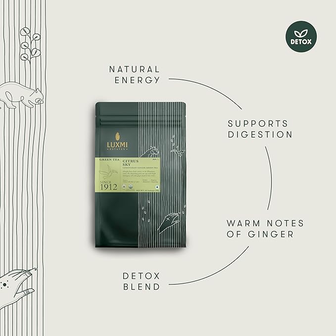 Luxmi Estates Citrus Sky Lemongrass Ginger Green Tea 50 Tea Bags (100g) Pack | Certified Organic Darjeeling Green Tea | Natural Lemon Balm Tea - Calming Supports Digestion | 50 Cups Bulk Pack