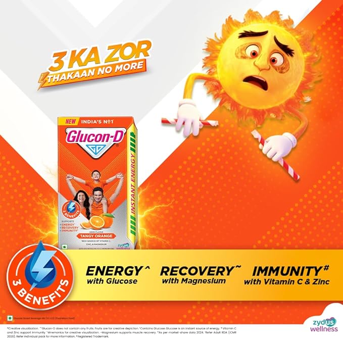 Glucon-D Instant Energy Health Drink Tangy Orange - 1kg Refill with free bottle