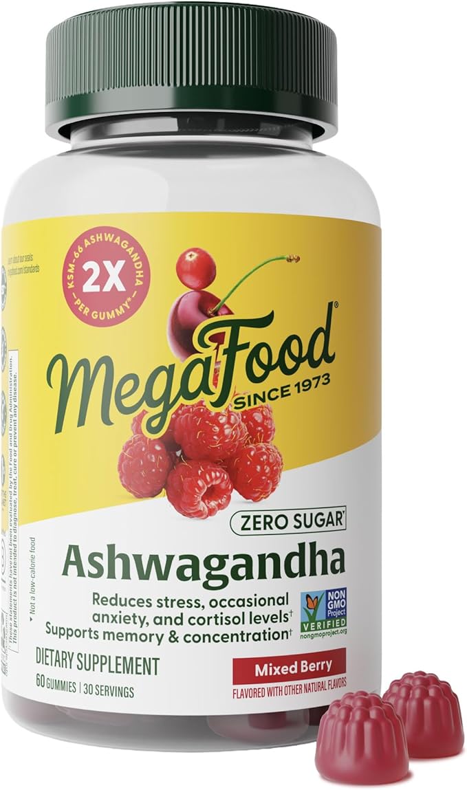 MegaFood Zero Sugar Ashwagandha Gummies - with Clinically Studied Ashwagandha KSM 66 - Cortisol Reducer &amp Stress Support - Mixed Berry Flavor No Gelatin Vegan - 60 Gummy Vitamins 30 Servings