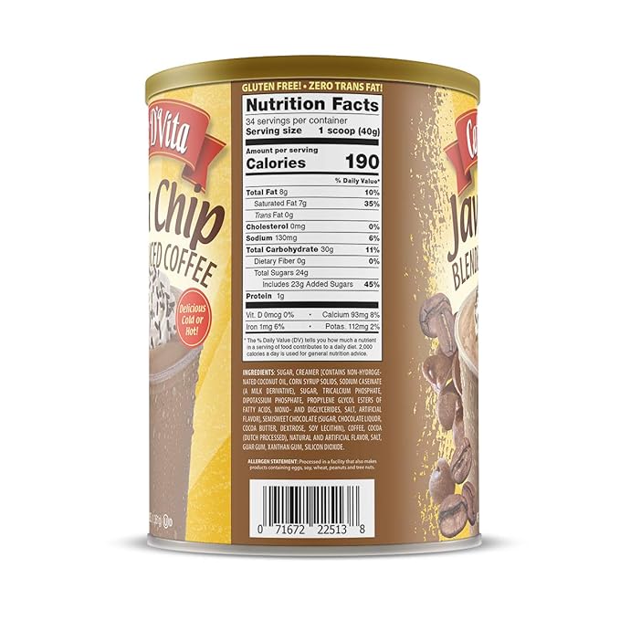 Caffe D'Vita Java Chip Latte Blended Ice Coffee - Java Chip Frappe Mix Blended Iced Coffee Mix Gluten Free Low Fat No Cholesterol No Hydrogenated Oils No Trans Fat Kosher-Dairy - 3 Lb Can