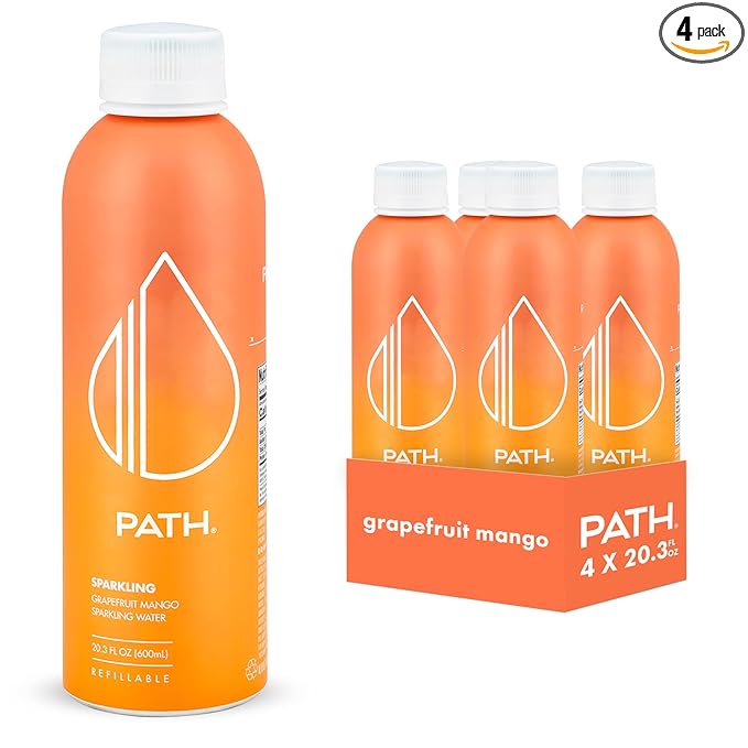 PATH Grapefruit Mango Flavored Sparkling Water - Ultra-Purified pH-Balanced Carbonated Soda in Aluminum Water Bottle - BPA Free Light Reusable Infinitely Recyclable 20.3 fl oz (Pack of 4)