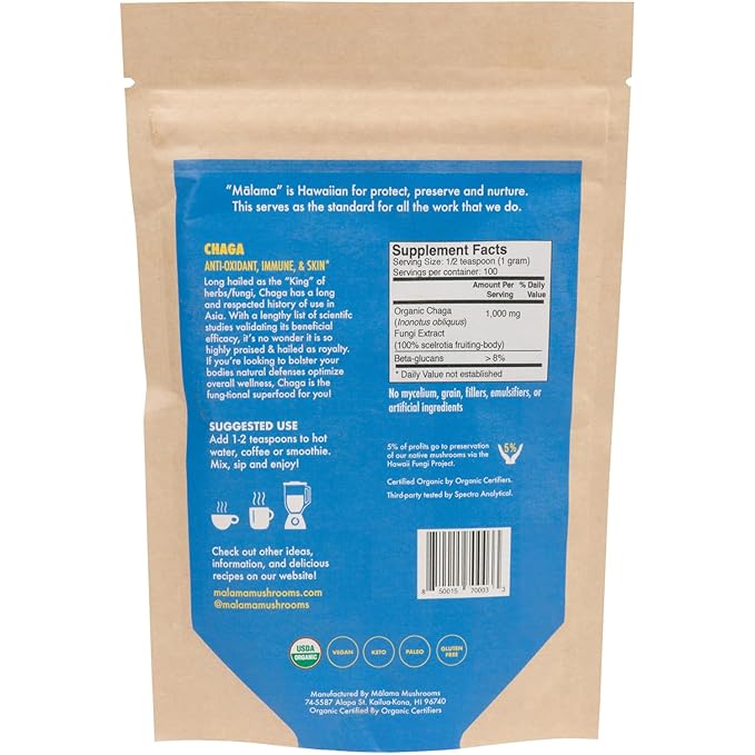 Chaga Extract Powder by Malama Organic Fruiting Body Chaga Mushroom Powder Superfood Adaptogenic Supports Immune System Skin Health and Fatigue 100 Servings