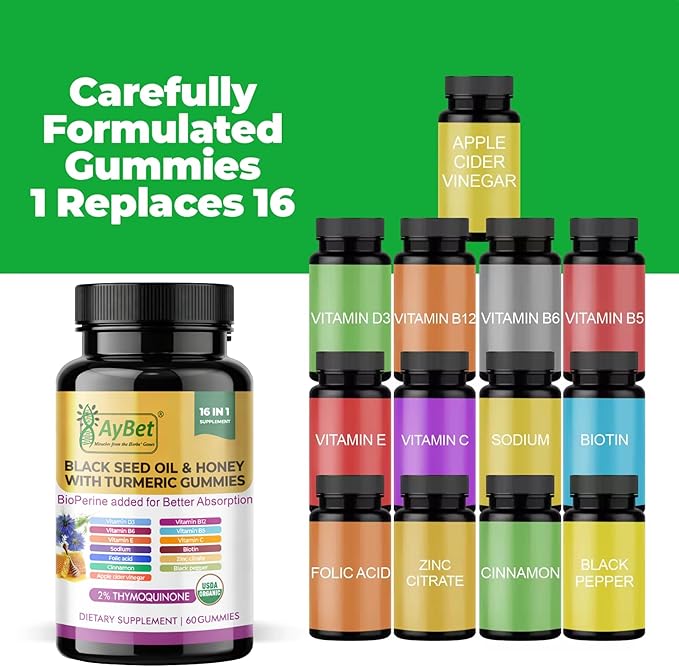 Black Seed Oil &amp Honey Gummies with Turmeric – 16-in-1 Supplement with Vitamins D3 B12 Biotin &amp Zinc –USDA Organic Halal Vegan Non-GMO 2% Thymoquinone 60 Gummies