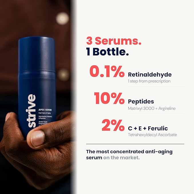 Strive Apex Skin Care Set - Advanced Anti Aging - Fragrance Free All Skin Types Fights Dark Circles Dull Skin - Peptides Retinal Vitamin C Niacinamide (Face Wash Scrub Moisturizer Serum)