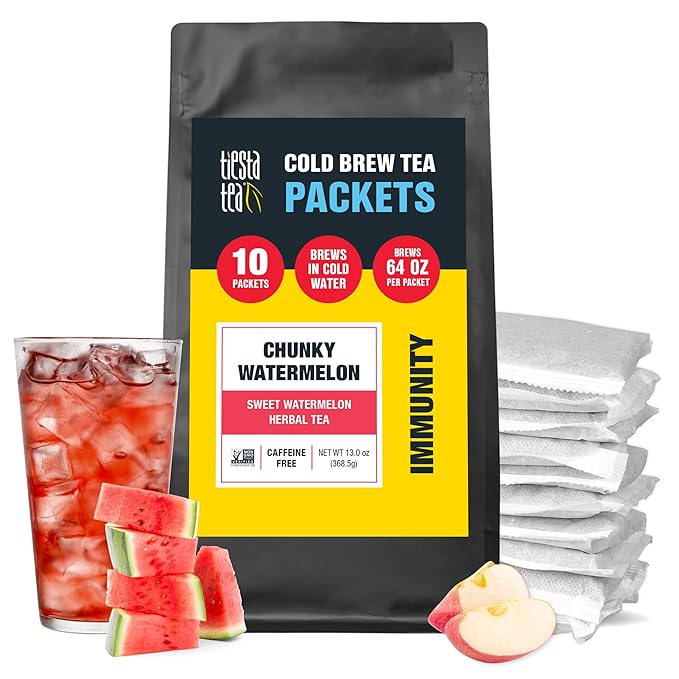 Tiesta Tea - Chunky Watermelon Cold Brew Loose Leaf Sweet Watermelon Herbal Tea Non-Caffeinated Cold Brew Packets Makes 64 oz Per Bag (Pack of 10)