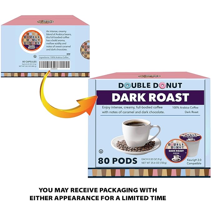 Double Donut Coffee Dark Roast Coffee Pods Extra Bold Blend Coffee Single Serve Coffee For Keurig K Cups Machines Dark Roast Coffee in Recyclable Pods 80 Count