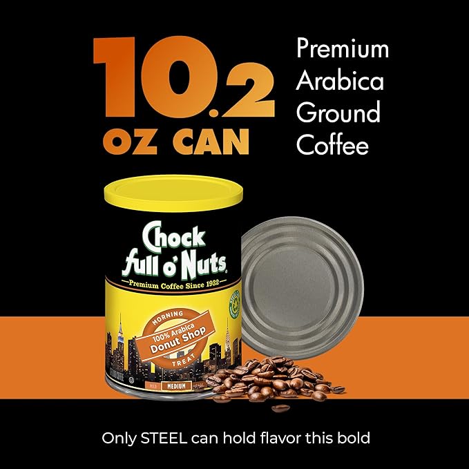 Chock Full o' Nuts Donut Shop Ground Coffee – Premium Beans in Recyclable Steel Can – Rich Flavor &amp Aroma Medium Roast – Perfect for Drip Pour-Over Percolator – 10.2 Oz Can