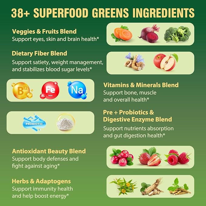 Super Greens Powder Superfood Greens Juice Drink Mix with Spirulina Chlorella Adaptogens &amp Fiber Digestive Enzymes Pre + Probiotics Supplement for Women &amp Men Bloating &amp Gut Health 3