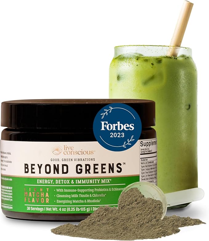 Live Conscious Beyond Greens &amp Collagen Peptides Peach Mango| Mushroom Coffee Alternative Low Caffeine + Hair Skin Nail and Joint Support