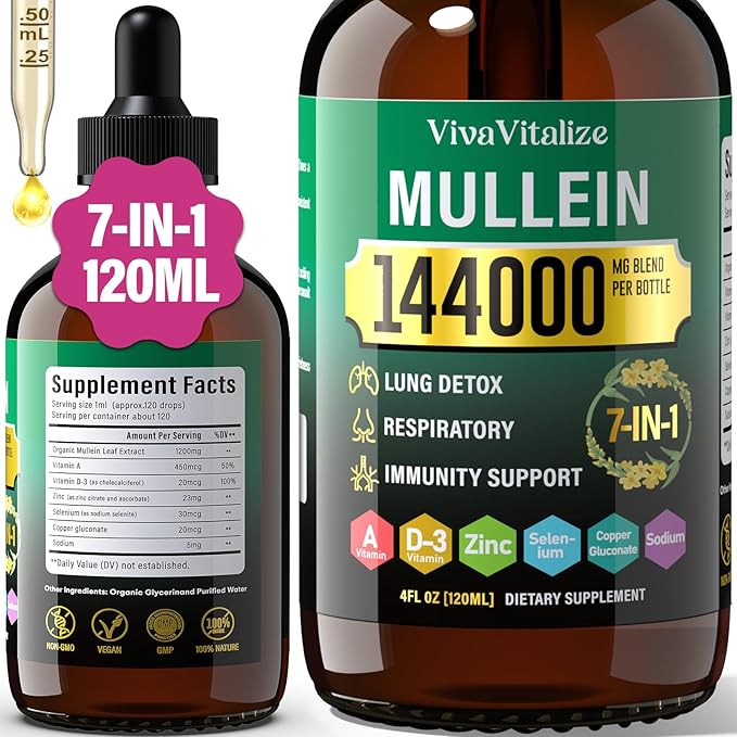 Mullein Drops for Lungs144000mg Mullein Leaf Extract for Lungs Cleanse &amp Respiratory Function Healthy Breathing Immune Digestive System Natural Herbal Supplement Sugar &amp Alcohol-Free120-Da