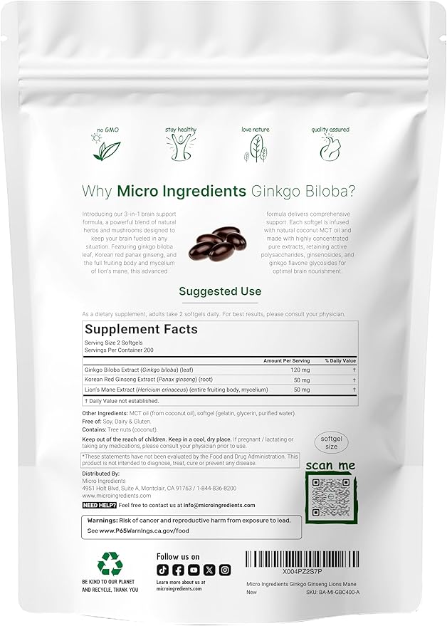 Micro Ingredients ﻿﻿Ginkgo Biloba &amp Ginseng 400 Softgels | 6 Month Supply | Triple Strength Ginko Biloba &amp Lions Mane Supplement