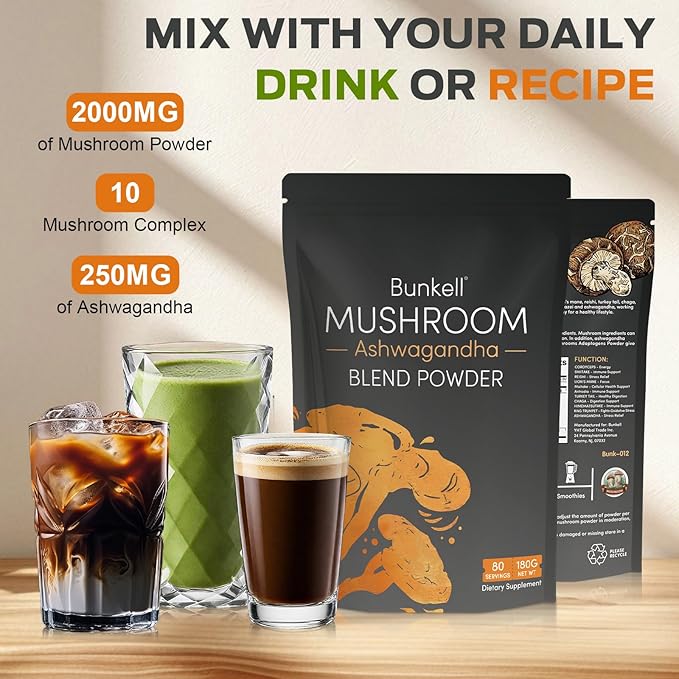 Ashwagandha Mushroom Powder Adaptogenic 10 Mushrooms Complex W/Ashwagandha - Lion's Mane Reishi Chaga &amp Maitake - Adaptogens Powder for Energy Cognitive &amp Immune Support 80 Servings