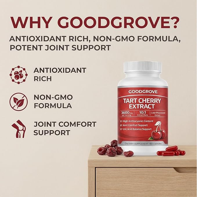Good Grove Tart Cherry Extract Capsules GoodGrove Tart Cherry Extract Supplement | 10:1 Extract 3600mg Strength | Supports Joint Comfort 60 Count (1)