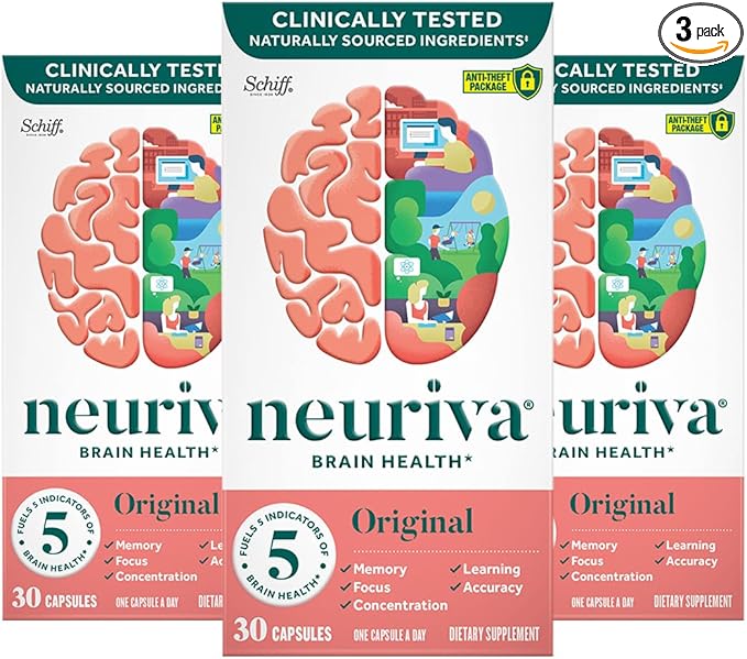 NEURIVA Original Brain Supplement for Memory Focus &amp Concentration + Learning &amp Accuracy with Clinically Tested Nootropics Phosphatidylserine and Neurofactor Caffeine Free 30 Capsules (3 Pa