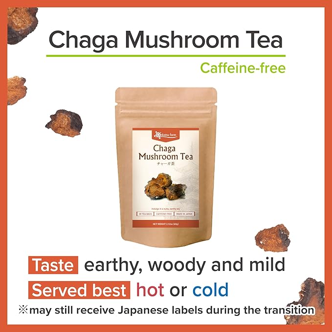Onkatsu Farm Chaga Mushroom Premium Japanese Tea Bags Earthy Woody Flavor Hot or Iced Caffeine Free 30 Total Tea Bags