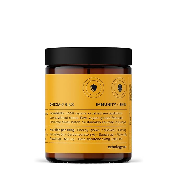 Erbology Organic Sea Buckthorn Powder 1.8 oz - 50 Servings - Skin Health and Immunity Support - Rich in Omega-7 (6.5%) Vitamin C and Vitamin A - Seeds Removed More Concentrated - Vegan - GMO-Free