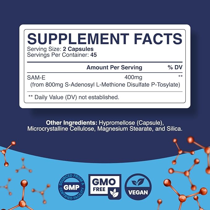 Pure SAM E Supplement 400mg - Nootropic SAM E 400mg Per Serving for Memory &amp Brain Support Joint &amp Liver Health - Natural S-adenosylmethionine for Mood Balance - 90 Count