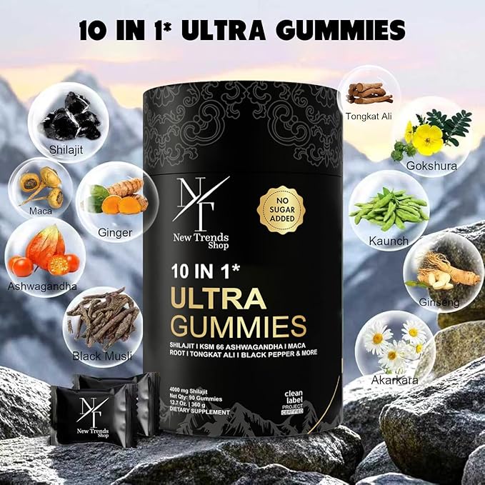 Shilajit Gummies 10-in-1 Ultra Shilajit Gummies | 4000 mg Pure Shilajit Tongkat Ali Maca Root 75% Fulvic Acid | Sugar-Free Vegan 85+ Trace Minerals | 90 Pack