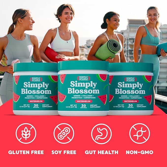 Simply Blossom Nutrition Daily Greens &amp Superfood Powder + Collagen + Probiotics for Women's Digestive Health &amp Bloating Relief. Help Your Health Bloom - 3 Month Supply - Watermelon