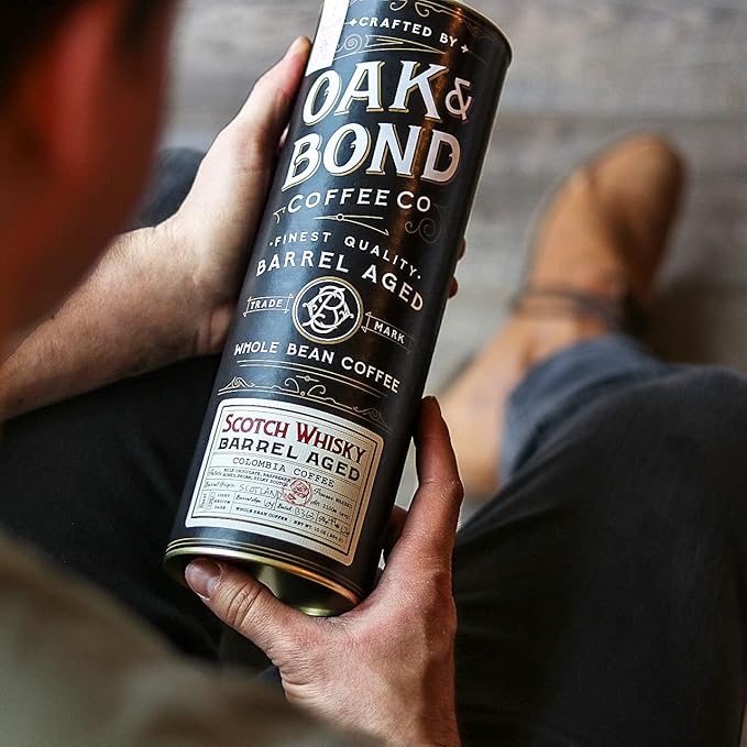 Scotch Whisky Barrel Aged Coffee Colombia Single Origin Washed Whole Coffee Bean Medium Roast w/Flavor Notes of Milk Chocolate Raspberry Honey Silky Scotch by Oak &amp Bond Coffee Co. – 10oz.