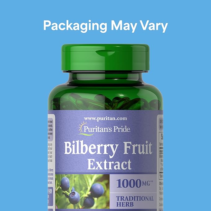 Puritan's Pride Premium Bilberry Fruit Extract 250 mg (1000mg equivalent) 4:1 Concentrated Traditional Herbal Supplement Vitamin C 3 to 6 Month Supply 180 Rapid Release Softgels 2-Pack