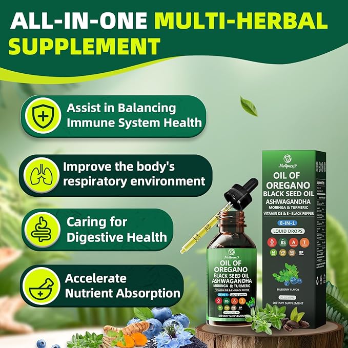 Oil of Oregano with Black Seed Oil | 8 in 1 Organic Oregano Oil Drops with Ashwagandha Moringa &amp Turmeric | Natural Herbal Supplements for Immune Support &amp Stress Relief | Vegan Friendly 2 F