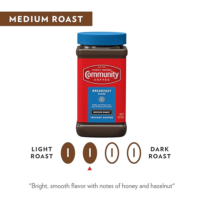 Community Coffee Breakfast Blend Instant Coffee Medium Roast 7 Ounce Jar (Pack of 12)