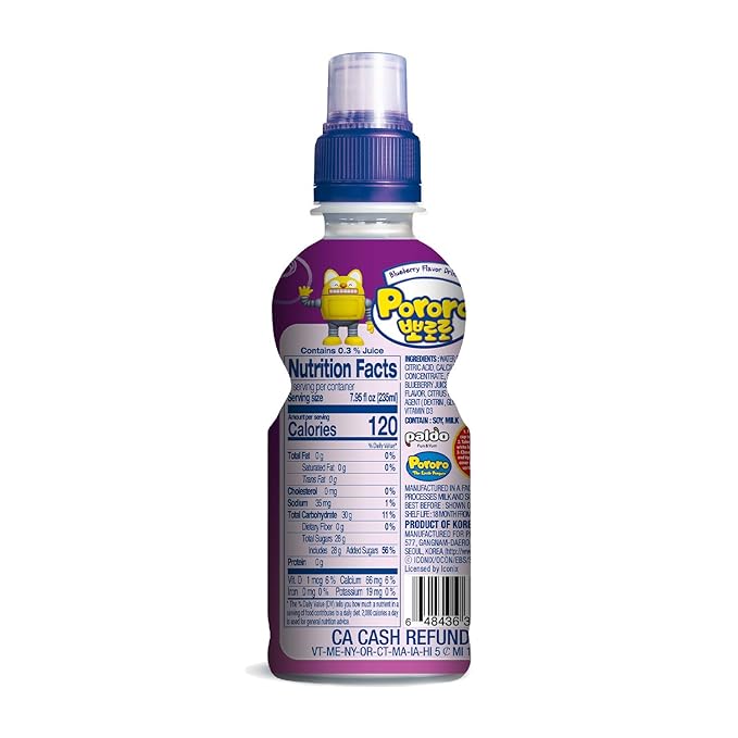 Paldo Fun &amp Yum Pororo Kids Blueberry Flavor Drink Pack of 8 Fruit Juice Drinks with Comfortable Push-Pull Sports Cap Perfect Drink for Children 7.95 fl oz. x 8