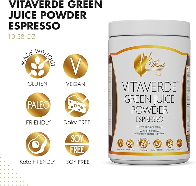 Coco March VitaVerde Green Juice Powder 50 Superfoods Enzymes &amp Probiotics- Espresso Flavor Organic Plants - Vegan Paleo Friendly Dairy Free Keto Friendly GMO Free 10.58 oz 300 g