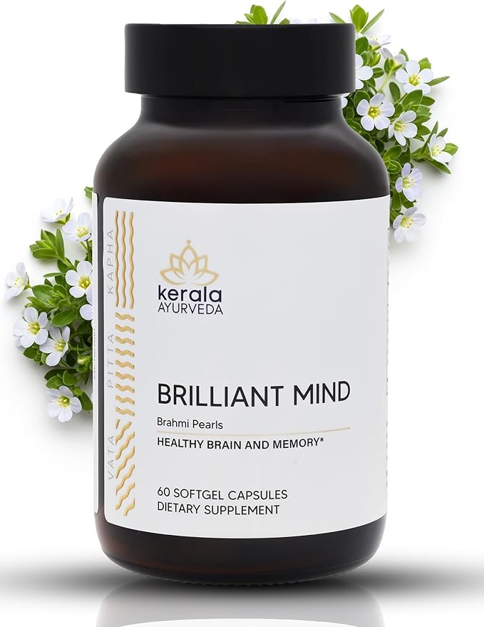 Kerala Ayurveda Brahmi (Bacopa Monnieri) Pearls - 60 Capsules | Ayurvedic Brain Health Memory &amp Focus Herbal Supplement for Adults | Natural Focus &amp Stress Relief Brain Booster | Prop 65 Comp