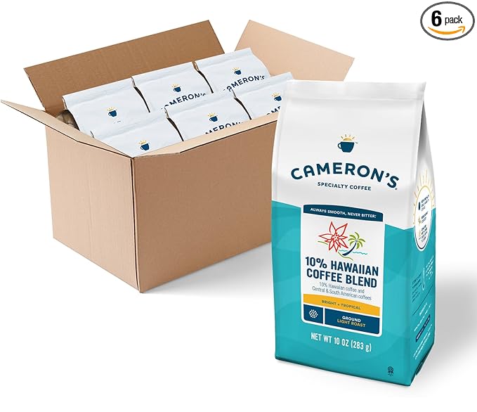 Cameron's Coffee Roasted Ground Coffee Bag 10% Hawaiian Coffee Blend 10 Ounce Pack of 6 NEW
