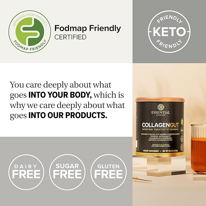 Essential Nutrition - Collagen Gut - Collagen Peptides Powder - Gut health supplement Immunity - Prebiotic Fiber Turmeric Extract FODMAP Friendly Sugar-Free - Orange &amp Blueberry- 15oz (20 Servi