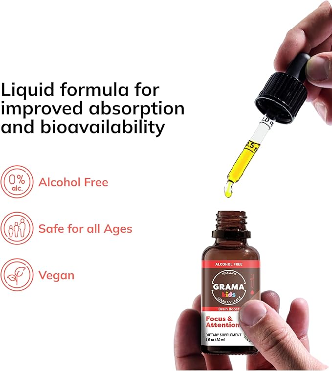 Grama Wellness - Focus &amp Attention Organic Kids Brain Vitamins &amp Cognitive Support Drops ADHD Supplement with Ginkgo Biloba Rhodiola Gotu Kola Licorice Root | Made in USA – 30 Servings