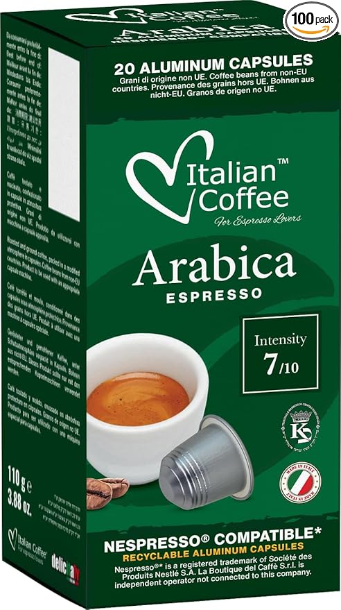 DELICITALY Pure Italian Food Italian Coffee pods compatible with Nespresso Original machines Espresso capsules (100 Arabica Aluminum Pods 100 Count (Pack of 1))